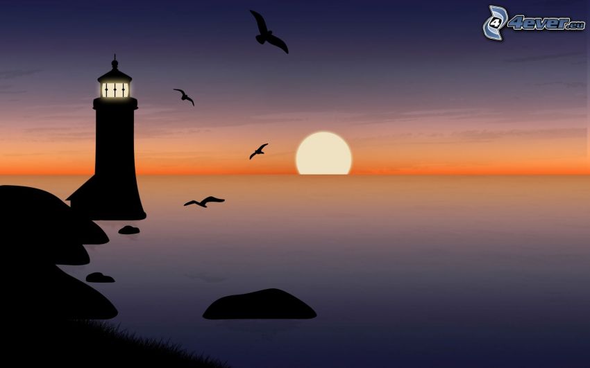 cartoon lighthouse, sunset behind the sea