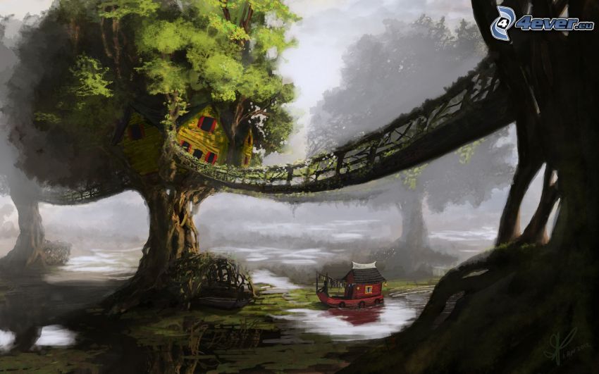 cartoon tree, house, bridge, boat