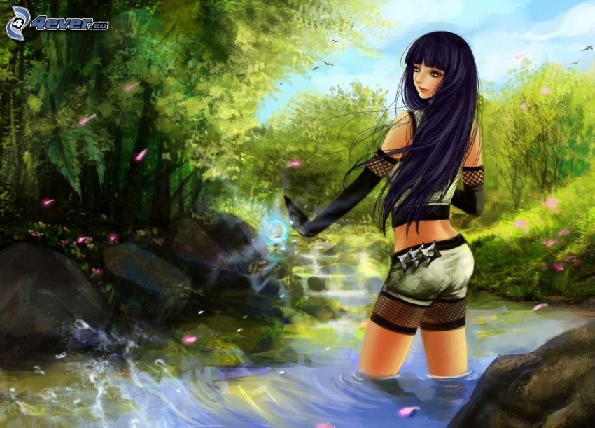 cartoon woman, black-hair, lake