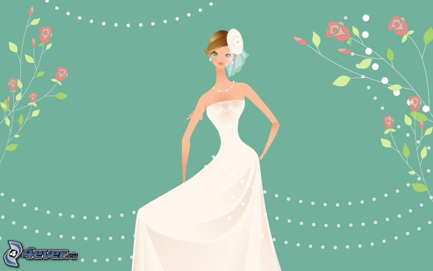 cartoon woman, bride, wedding dress, red roses
