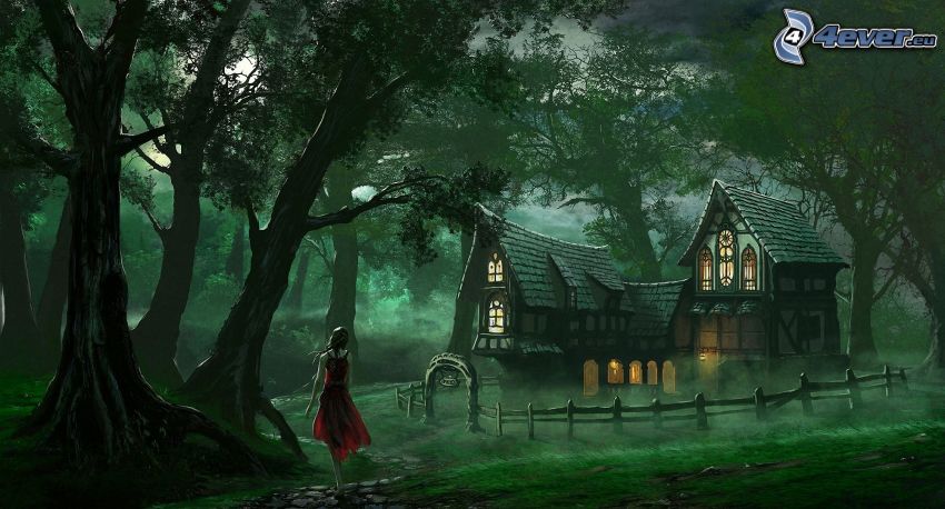 cartoon woman, house, forest