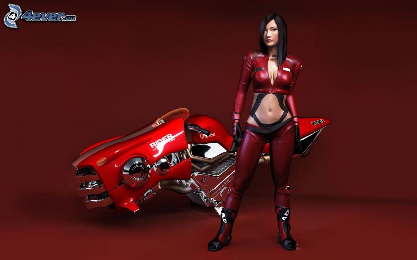 cartoon woman, latex, motocycle