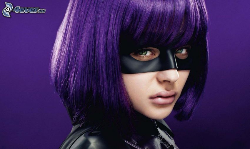 cartoon woman, mask, purple hair