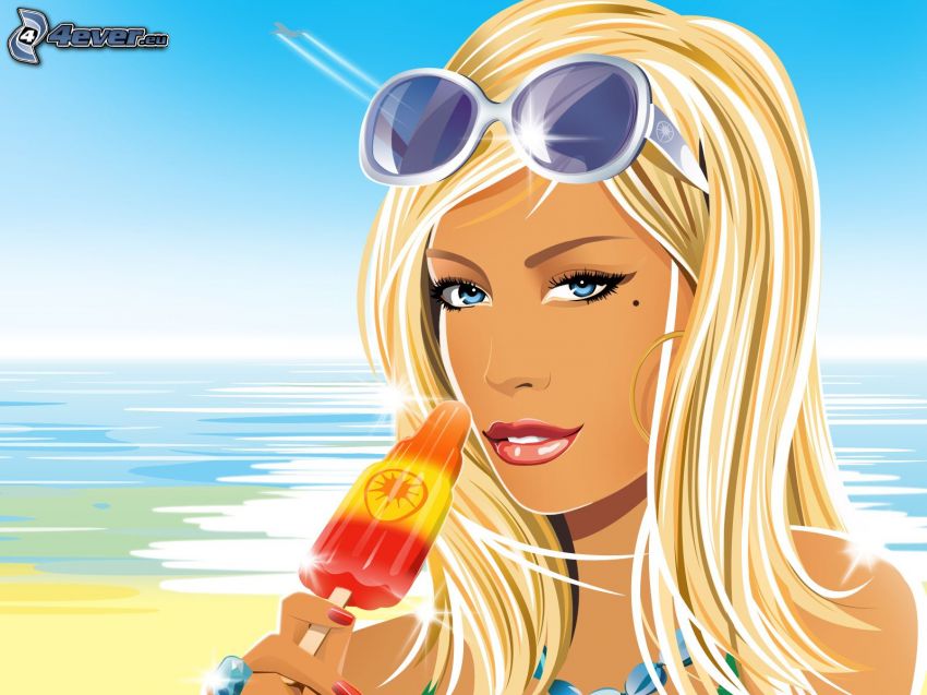 cartoon woman, sea, blonde, ice pop