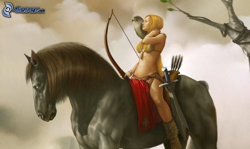 cartoon woman, woman on horse, bird, sword, bow, arrows