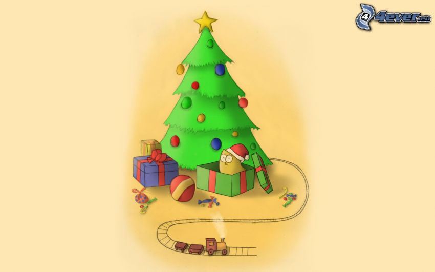 christmas tree, gifts, wooden toy train