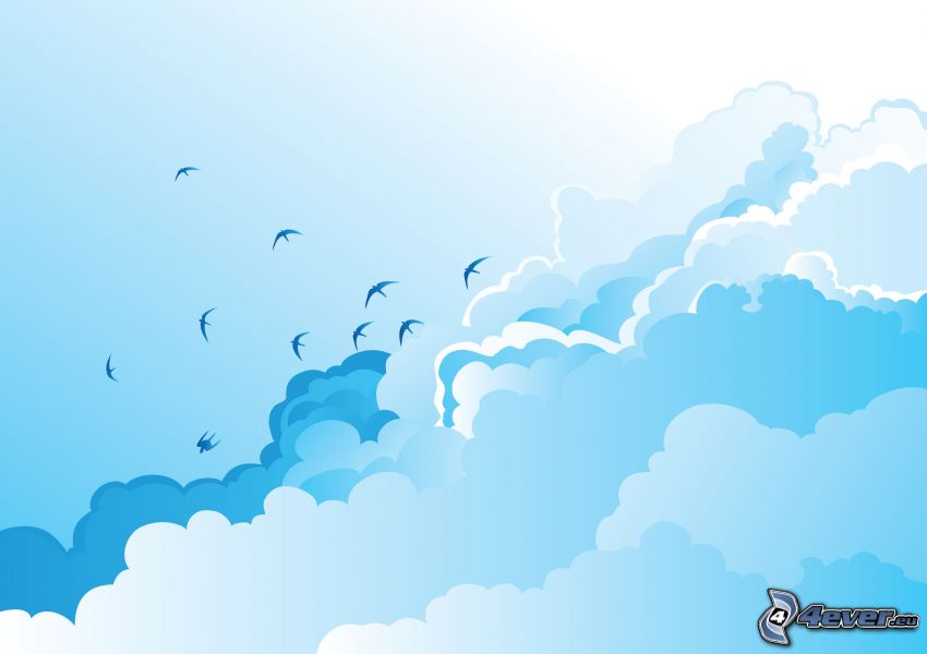 clouds, flock of birds
