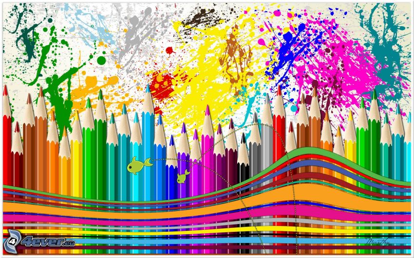 colored pencils, blots, colored lines