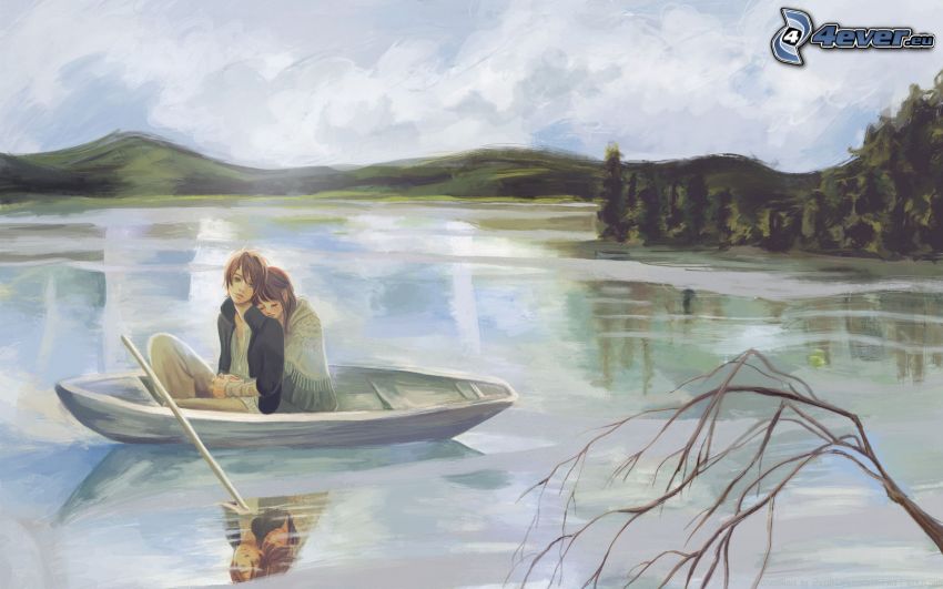 couple, boat, River, mountain