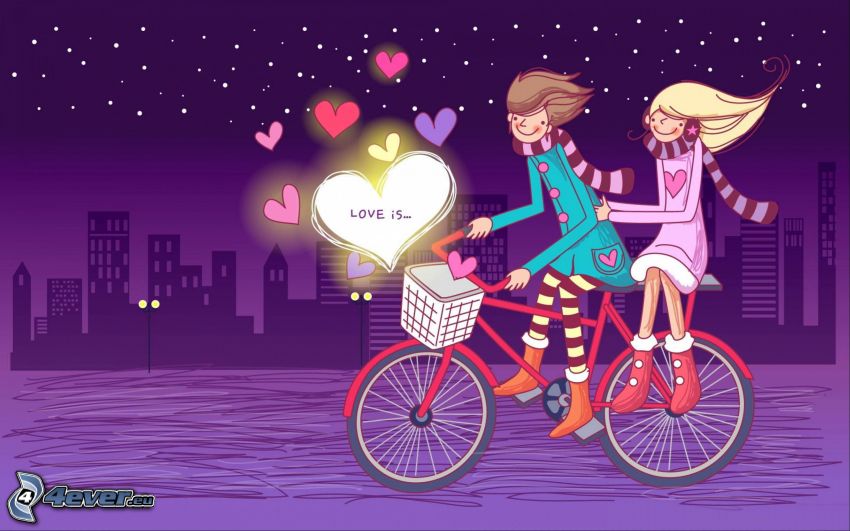 couple, night city, cartoon hearts, bicycle