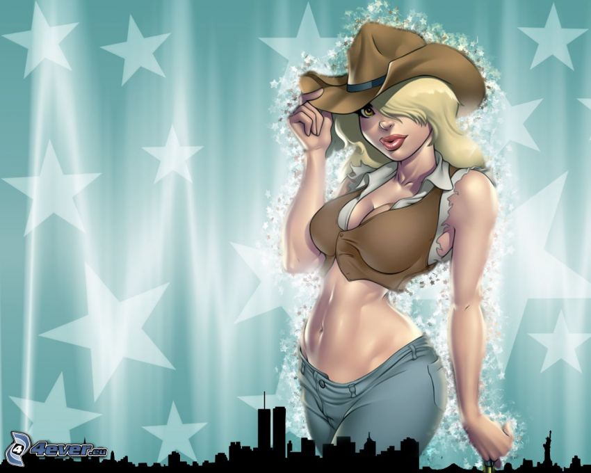 cowgirl, sexy blonde, stars, silhouette of the city