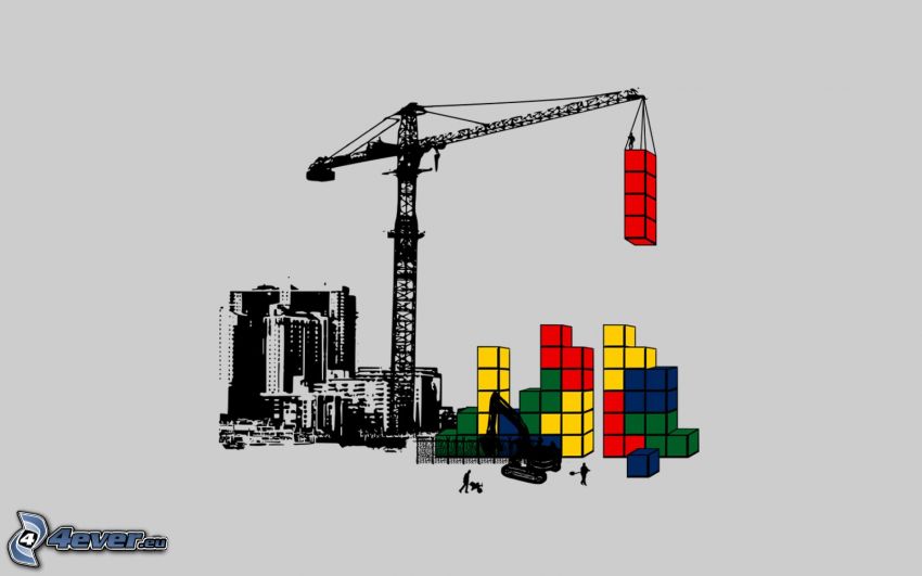 cubes, crane, cartoon city