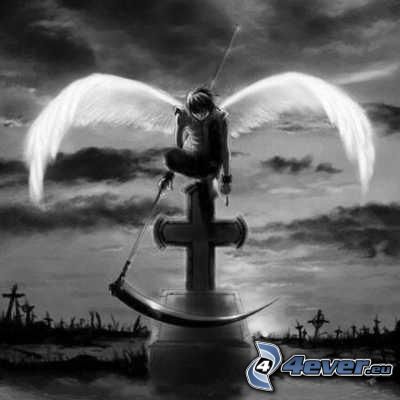 angel of death, scythe, cross, cartoon