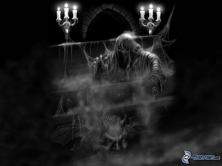 dark grim reaper, chest, candles