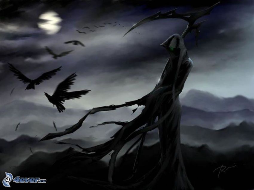 dark grim reaper, crows, full moon, scythe, ghostly figure