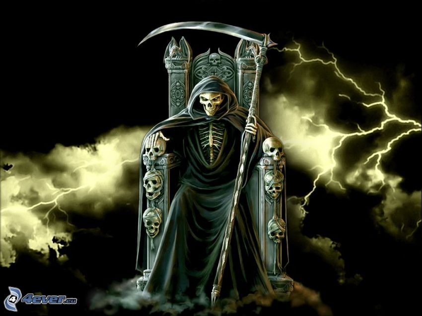 dark grim reaper, throne, death, scythe, lightning