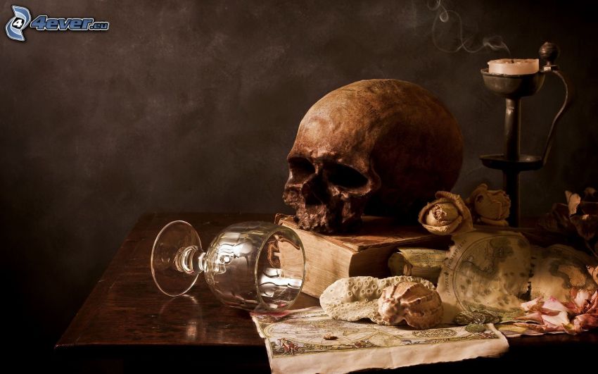 death, skull, table, candlestick, cup