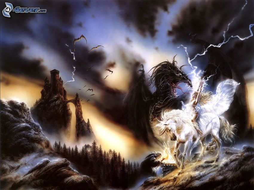 dragon vs unicorn, fighter, lightning, bats, rocks, castle, Luis Royo