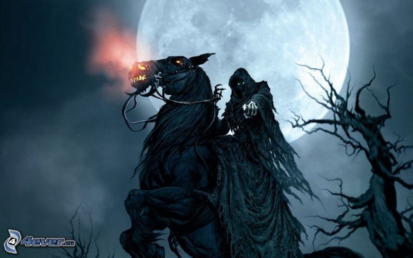 Grim Reaper, black horse, Moon, night