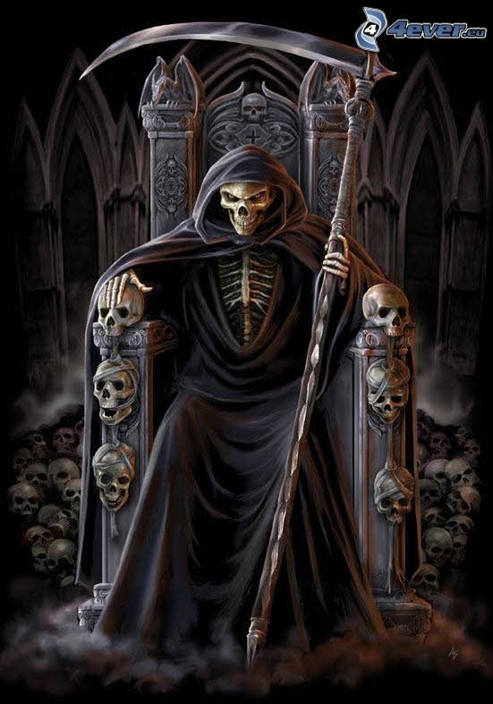 Grim Reaper, gloomy skull, skulls, scythe