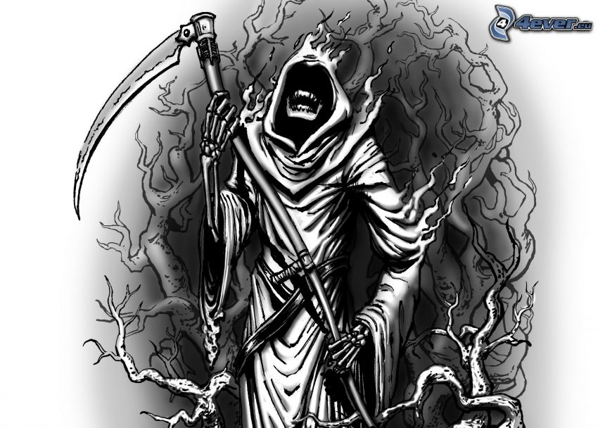 Grim Reaper, scythe, black and white