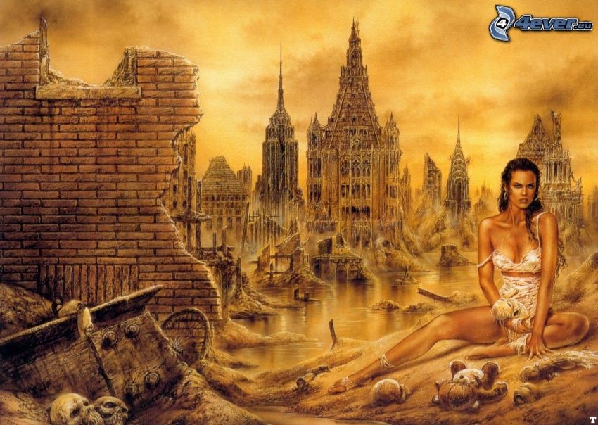 post apocalyptic city, seductive woman, gothic, skulls