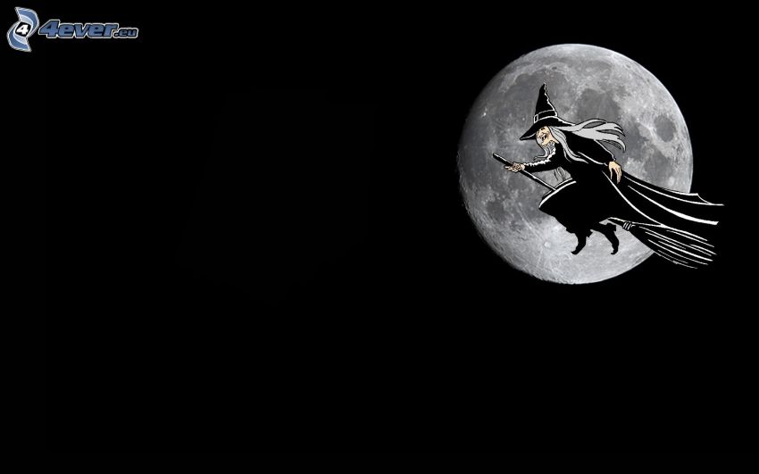 witch on broom, hag, witch, full moon