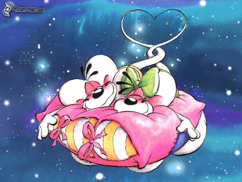 Diddl and Diddlina, pillow, heart, stars