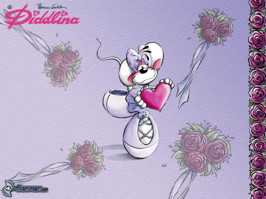 Diddlina, mouse, heart, cartoon flowers