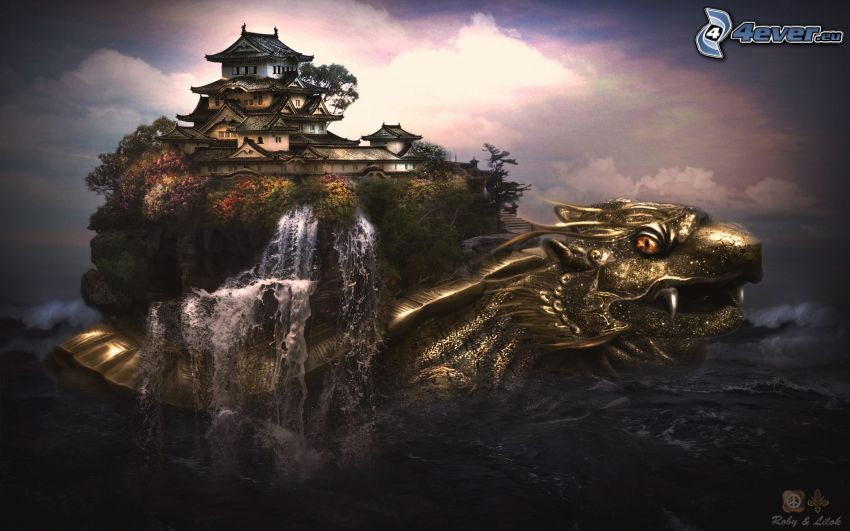 a water dragon, island, chinese pagoda