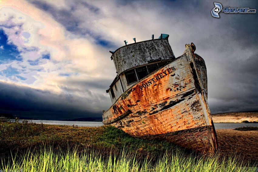 abandoned rusty ship, shore, clouds, HDR