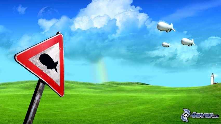 airships, sign, meadow