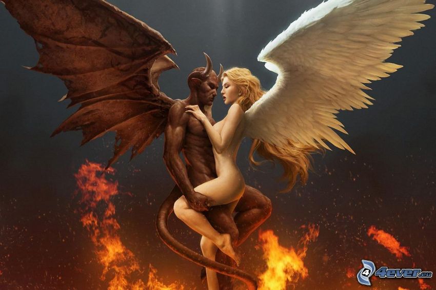 angel and devil, fire, sex, wings