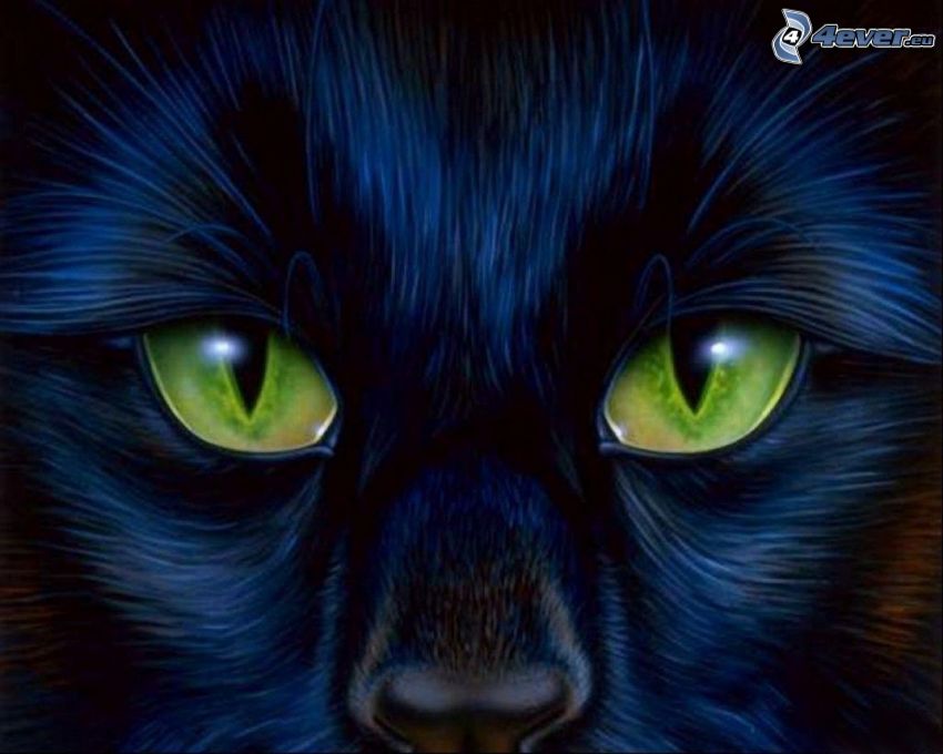 black cat's face, green cat's eyes, cartoon cat