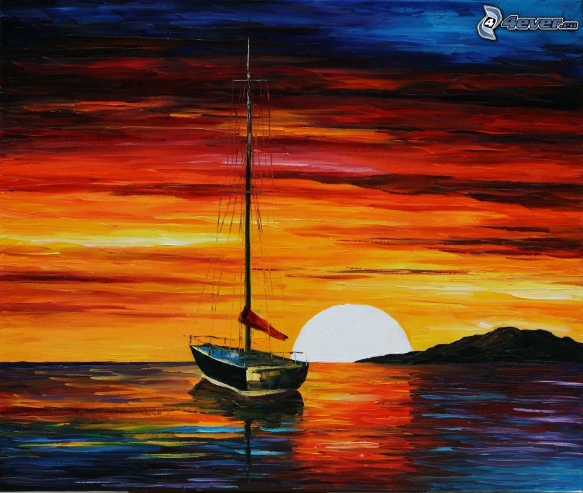 boat at sea, sunset behind the sea, picture, oil painting