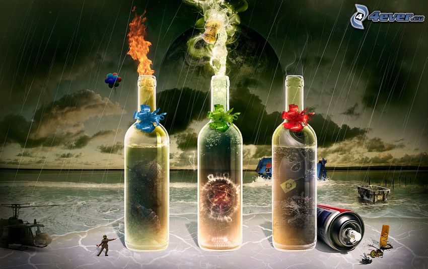 bottles, can, rain