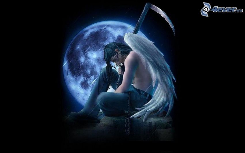 cartoon angel, cartoon boy, scythe, wings, full moon, moon