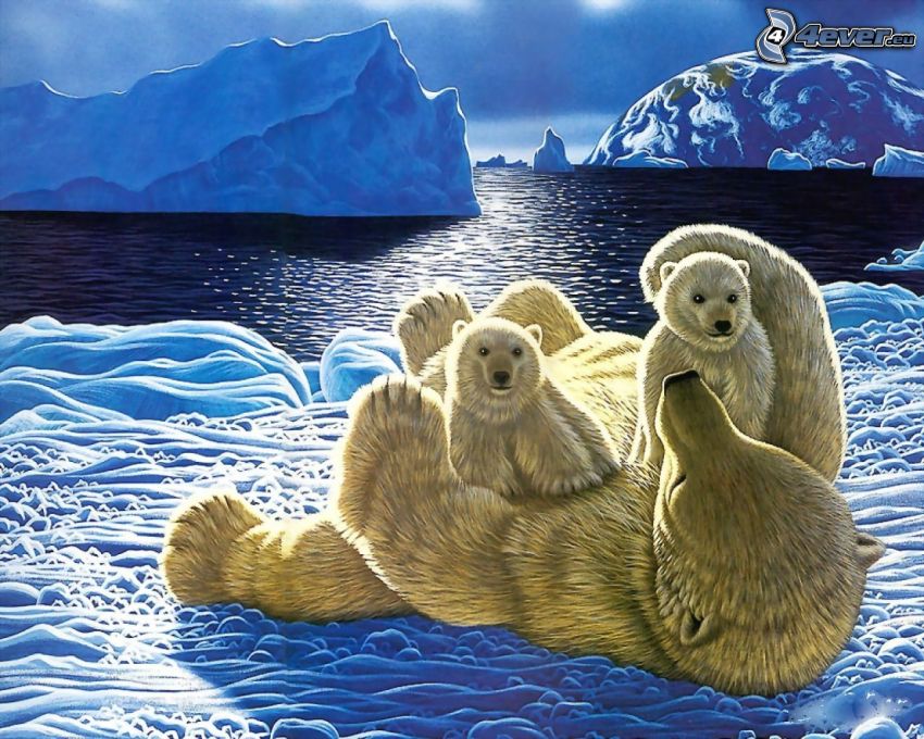 cartoon bears, polar bears, ice, ocean, iceberg