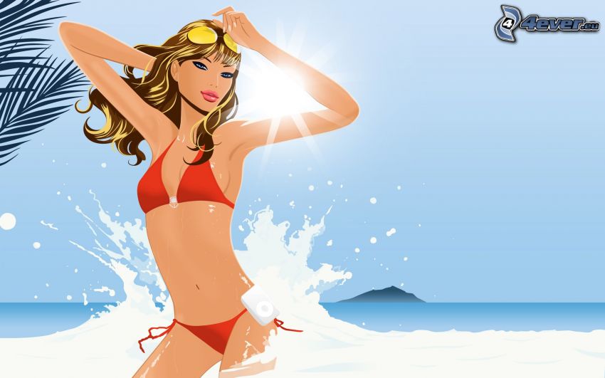 cartoon blonde, red swimsuit, sun, sea, waves