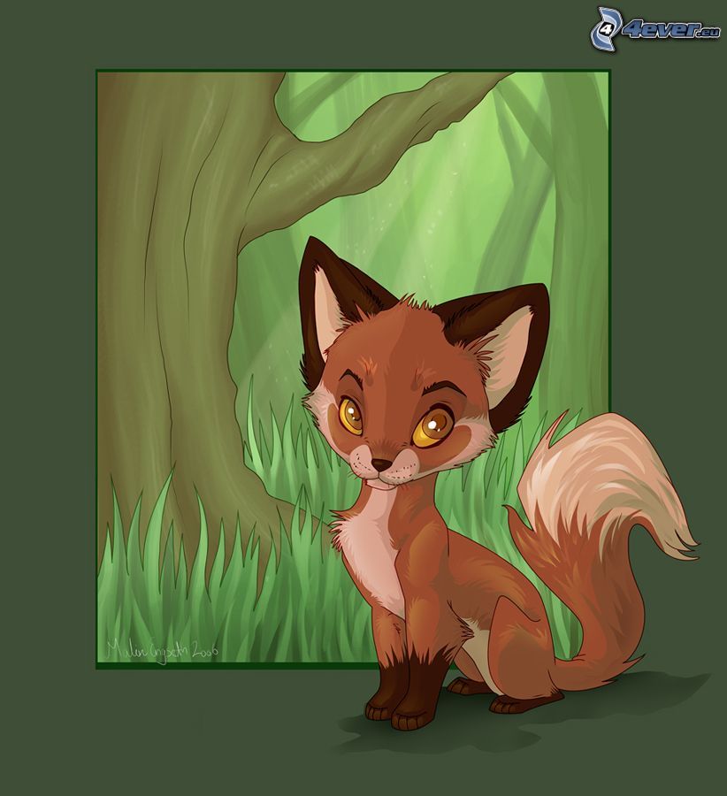 cartoon fox, grass, tree