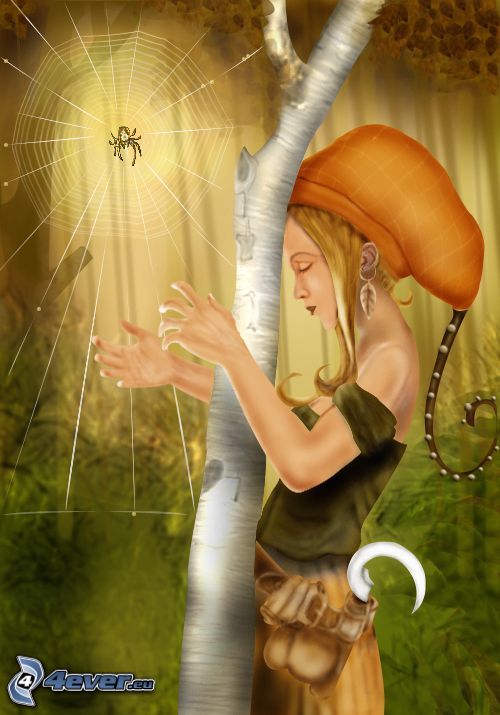 cartoon girl, woman with a harp, spider web