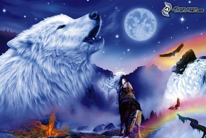 cartoon howling wolf, moon, eagle, collage