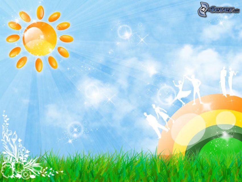 cartoon sun, background, grass