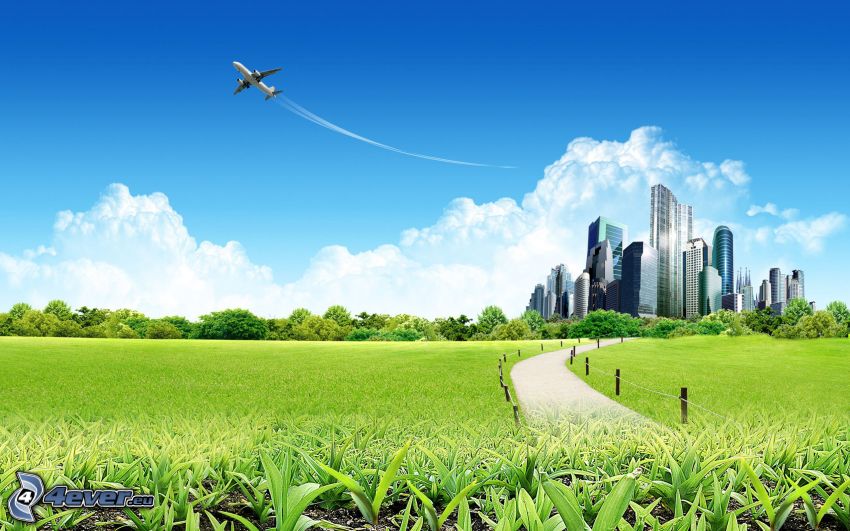 city, aircraft, meadow, contrail