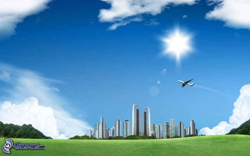 city, aircraft, sun, green meadow