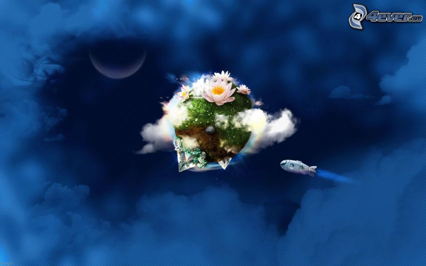cloud, water lilies, airship, moon
