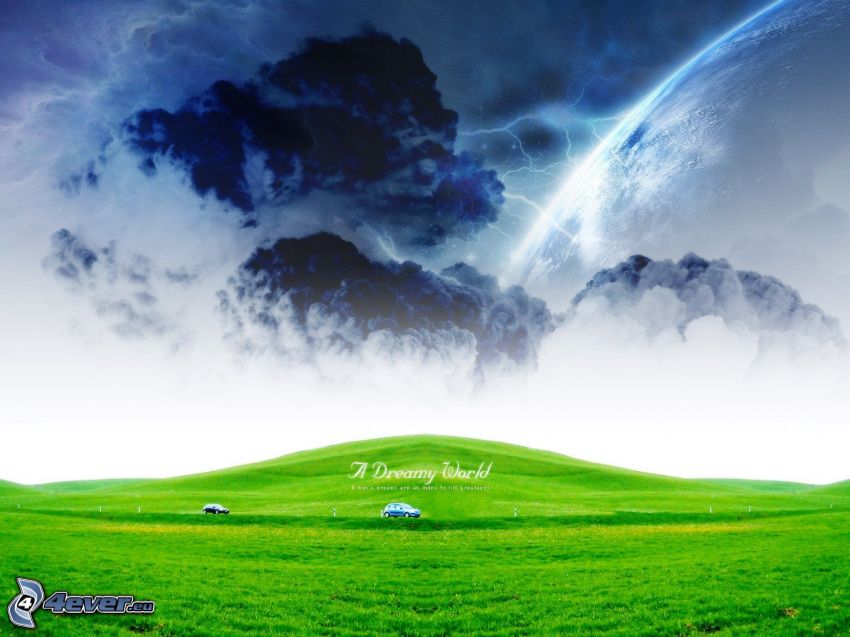 clouds, lightning, green meadow, cars, planet