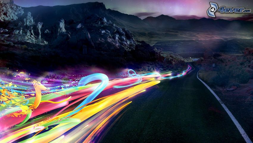 colored lines, road, mountains, aurora