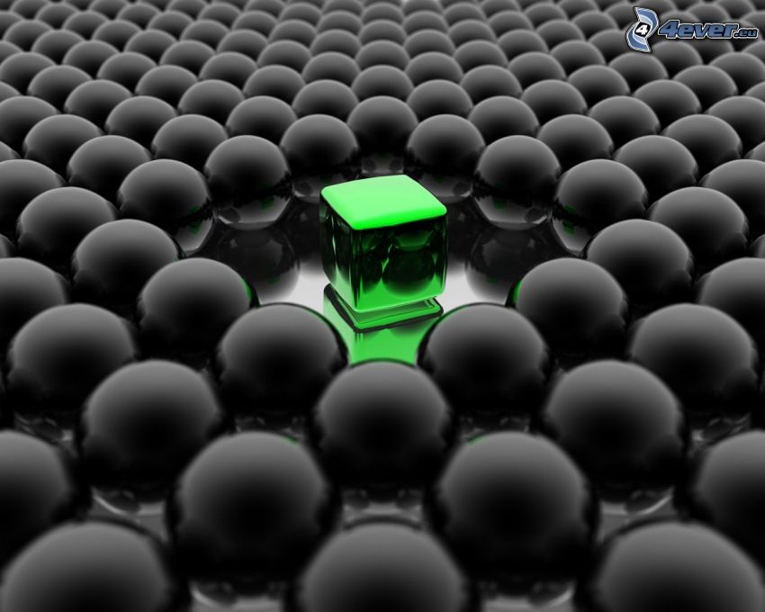 cube, green, metallic balls