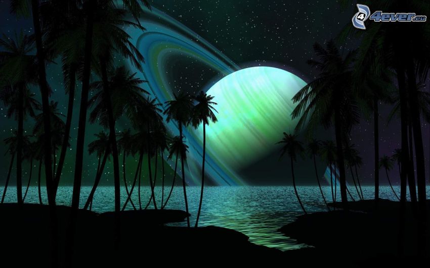 digital water landscape, sci-fi, planet, coast, sea, palm trees